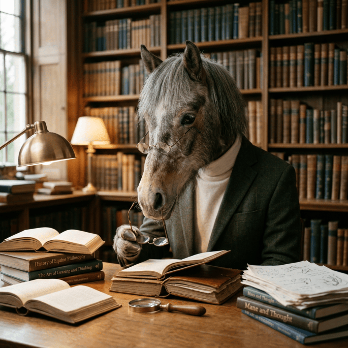 Horse in glasses and formal clothes reading among books in a library